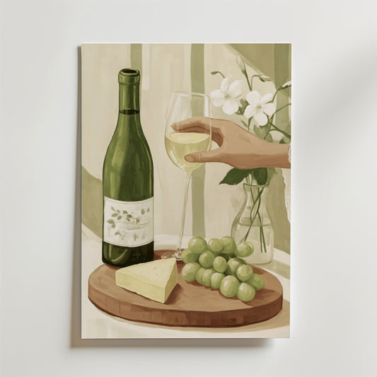 Grapes And Wine Poster" från Bozetto föreställer en hand med ett glas vitt vin, ost, druvor och vita blommor, allt i högkvalitativ finish på FSC-certifierat premiumpapper.