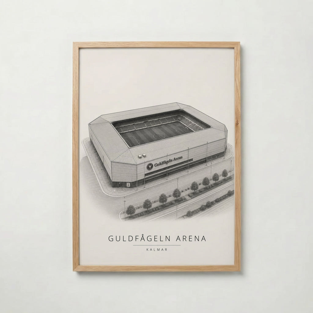Guldfågeln Arena i ekram med ljust trä – köp enkelt hos Bozetto affisch i hög kvalitet