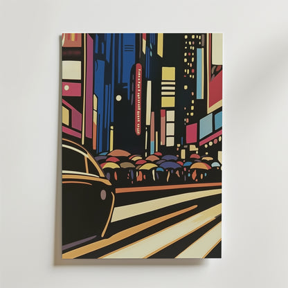 Midnight Rush Poster by Bozetto visar en livlig stadsgata på natten med höga byggnader, starka ljus och livliga människor under paraplyer - tryckt på premiumpapper med en lyxig matt finish.