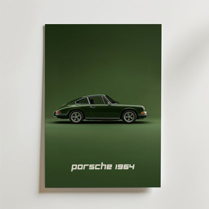 Bozetto Retro Porsche Poster är tryckt på premiumpapper och visar en klassisk mörkgrön Porsche från 1964 i profil mot en matchande grön bakgrund med "Porsche 1964" i vit färg - perfekt för en stilfull inredning.