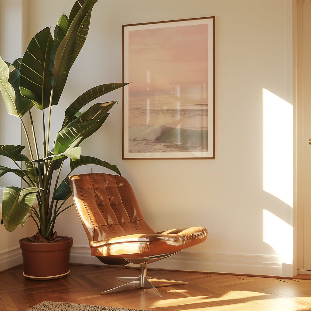Mockup av Soft Pink Waves affisch på vägg – köp enkelt hos Bozetto i hög kvalitet
