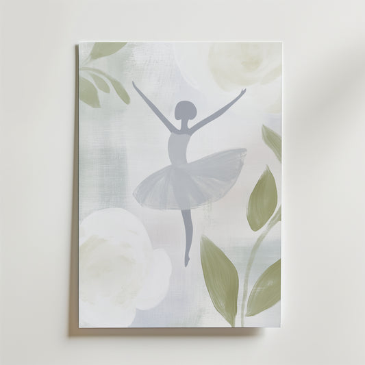 Flower Dancer Poster by Bozetto föreställer en minimalistisk ballerina i tutu med armarna i vädret, omgiven av abstrakta blommor och gröna blad på en mjuk bakgrund, tryckt på premiumpapper.