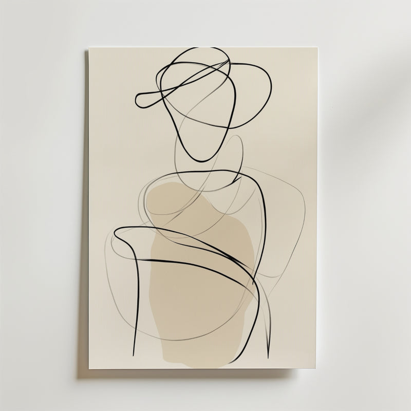 Abstrakt Silhouette Figure Poster från Bozetto har svarta, flytande linjer och beige former på vitt premiumpapper, vilket skapar en minimalistisk, elegant väggdekor inspirerad av konturerna av en sittande figur.