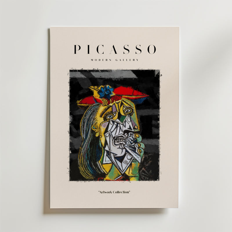 Bozetto Picasso Crying Eyes of Grief Poster visar kubistisk konst av en kvinna på en krämfärgad bakgrund, med "Picasso Modern Gallery" ovanför och "Artwork Collection" under, som uttrycker emotionell kraft och konstnärlig innovation.