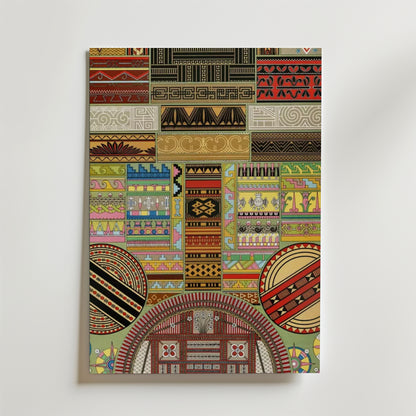 Bozetto Sacred Geometry Poster visar geometriska och tribala mönster i rött, gult, grönt, svart och beige på premiumpapper - perfekt för inredning.