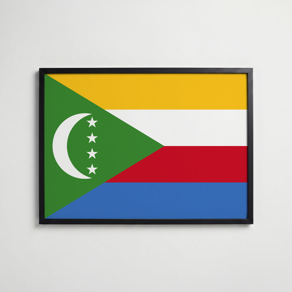 Comoros National Flag Poster i svart ram – stilren konsttryck som väggdekor från Bozetto