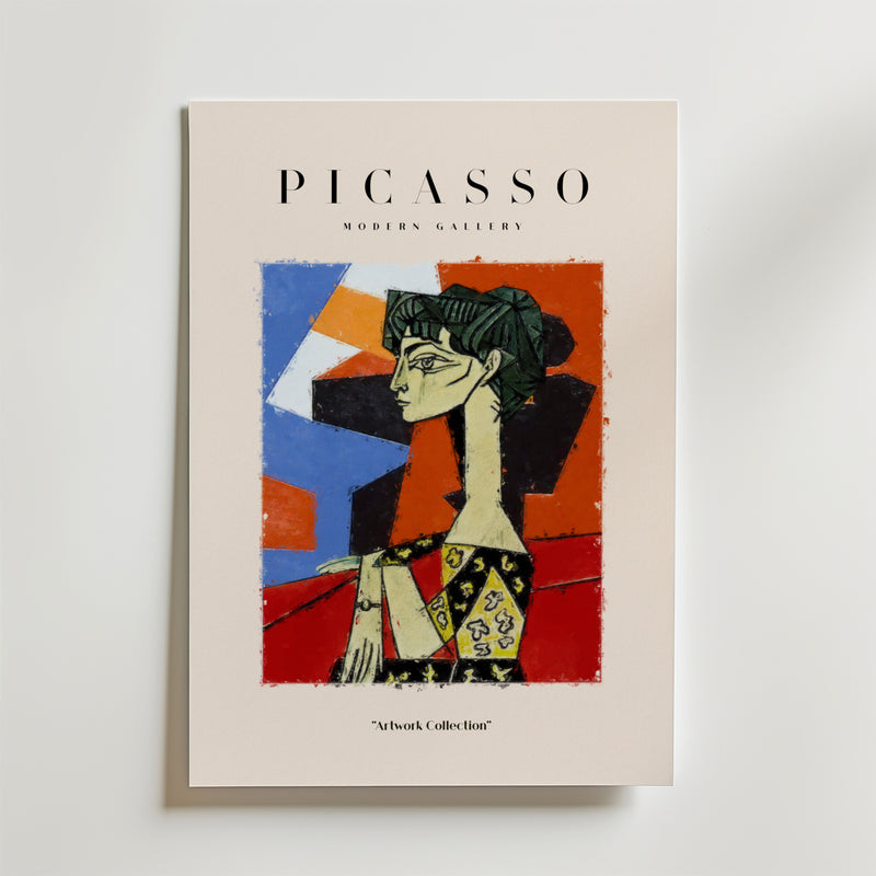 Bozetto Picasso Modern Line Art Woman Poster visar en abstrakt, kantig kvinna i starka färger med texten "PICASSO MODERN GALLERY" och "Artwork Collection" under bilden.