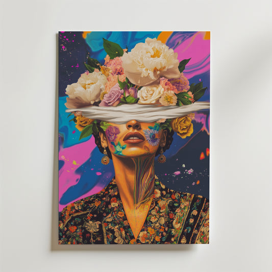 Bozetto Floral Kahlo Mindscape Poster visar en surrealistisk kvinna i en mönstrad klänning, hennes ögon maskeras av ett vitt band medan levande blommor blommar från hennes huvud - tryckt på premiumpapper för ett slående statement.
