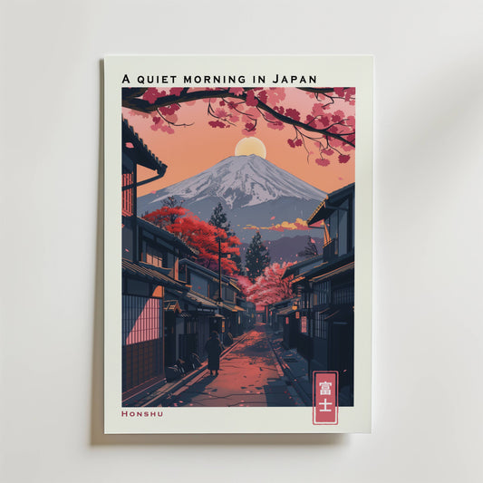 Bozetto "A Quiet Morning in Japan Poster" föreställer en stiliserad scen av en fridfull japansk by med traditionella hus, körsbärsblommor, röda lönnträd och Mount Fuji i soluppgången, med text: EN TYST MORGON I JAPAN och HONSHU.