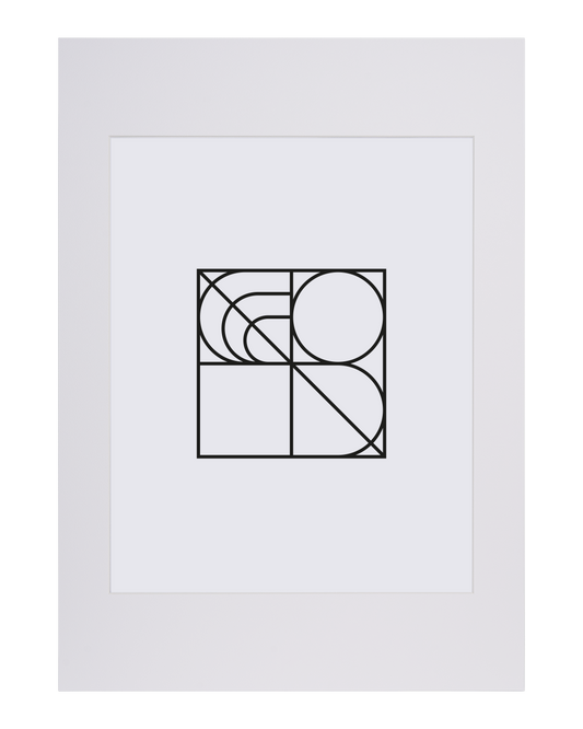 Minimalistisk svart geometrisk linjekonst med kvadrater, cirklar och kurvor arrangerade i ett rutnät på en vit bakgrund, elegant inramad med Bozettos Innerram Vit och en vanlig vit matta.