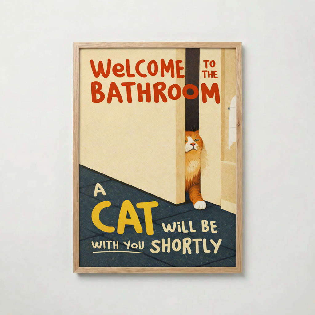 Bathroom Waiting Cat – affisch med snyggt motiv, köp enkelt hos Bozetto i flera storlekar