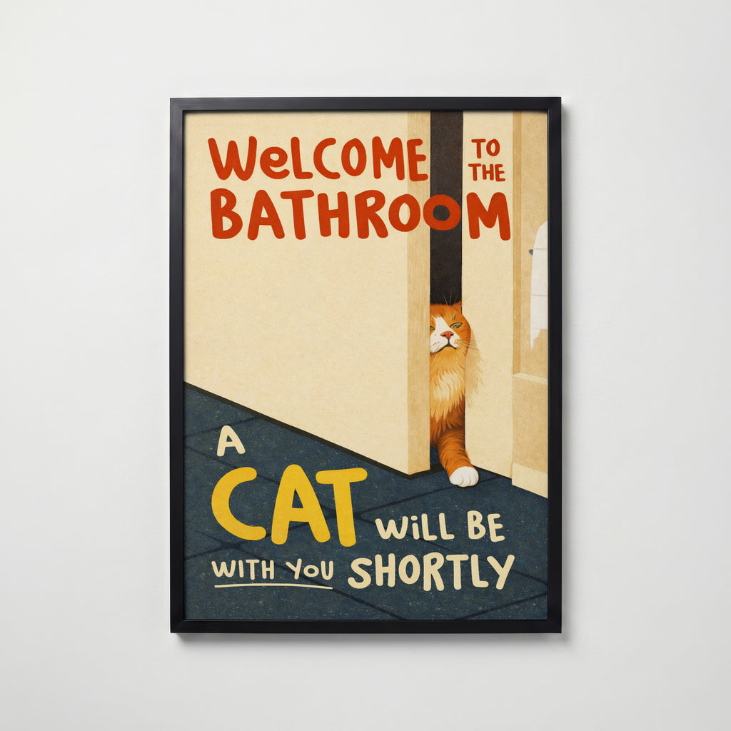 Bathroom Waiting Cat – köp enkelt hos Bozetto konsttryck i hög kvalitet i hög kvalitet