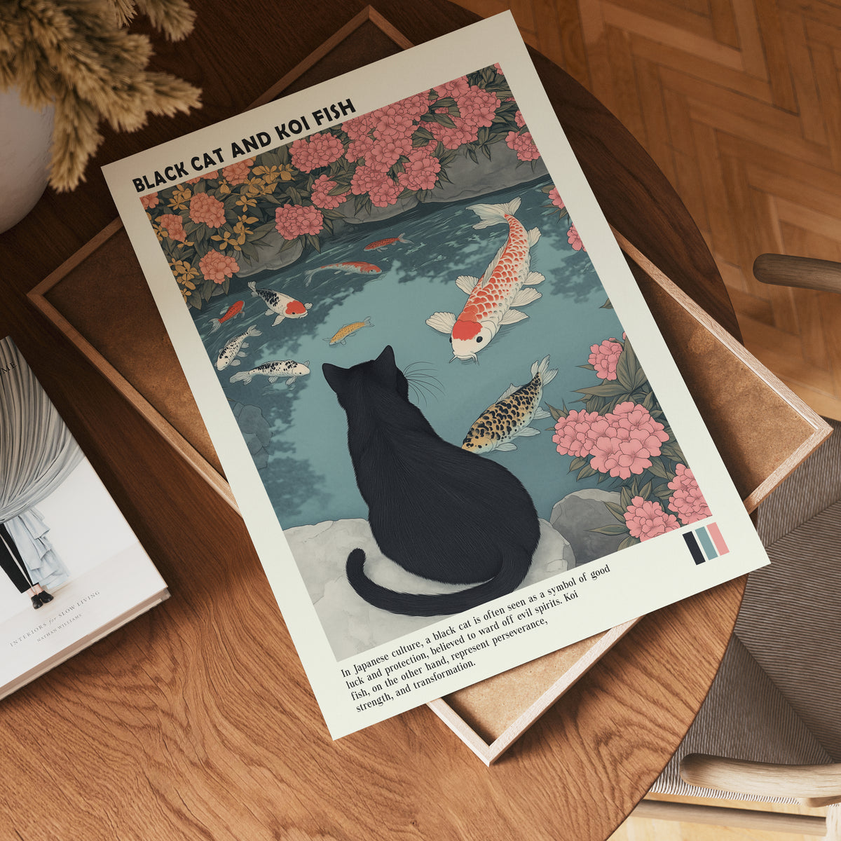 Black Cat and Koi Pond – affisch med stilfullt motiv från Bozetto i hög kvalitet