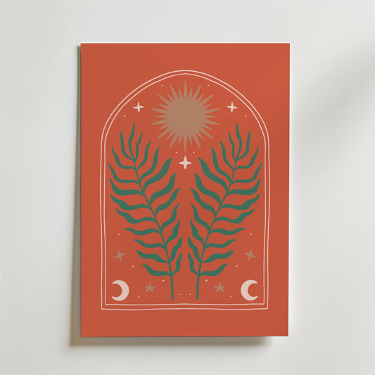 Bozetto Cosmic Ferns Poster visar två gröna bladväxter med himmelska motiv - sol, stjärnor och halvmånar - på en terrakottabakgrund, allt inom en välvd fönsterram för en minimalistisk, kosmiskinspirerad look.