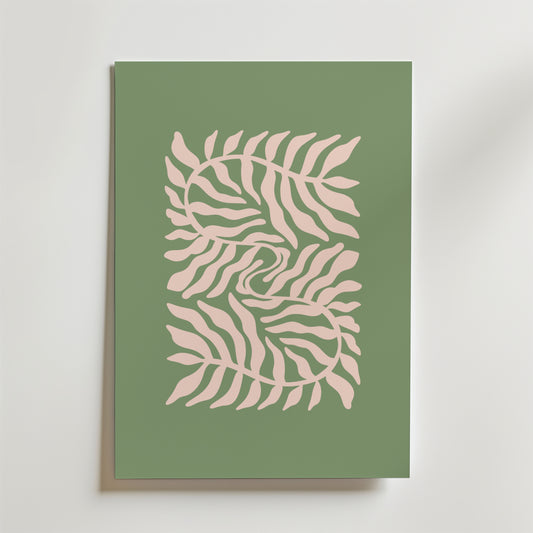 Bozetto Leaf Swirl Poster visar två ljusrosa, stiliserade ormbunksblad som böjer sig mot varandra på en dovt grön bakgrund och bildar ett symmetriskt, abstrakt mönster inspirerat av naturen.