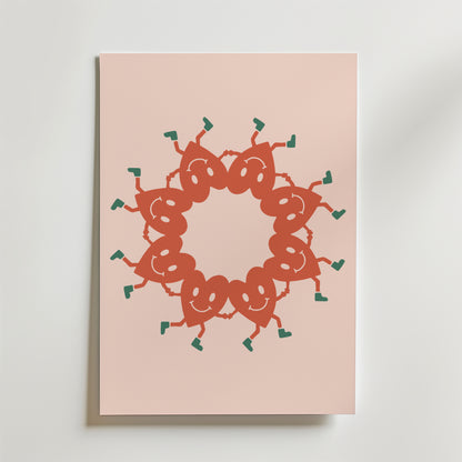 Bozetto Loop of Sprouts Poster visar ett cirkelformat mönster av röda, leende seriefigurer med gröna skotten-stövlar som håller varandra i handen mot en ljusrosa bakgrund.