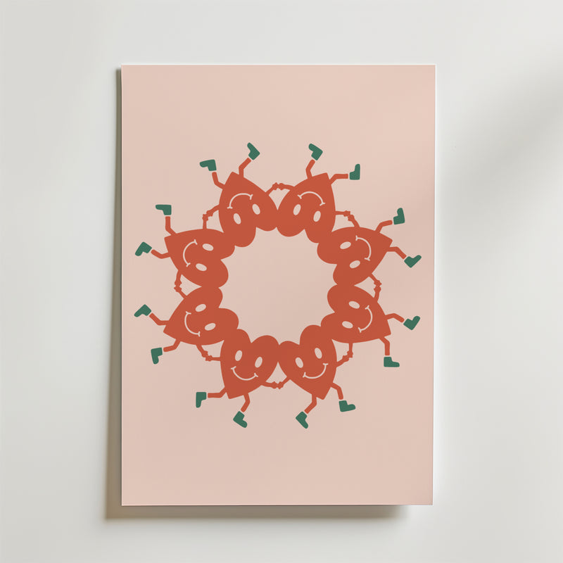 Bozetto Loop of Sprouts Poster visar ett cirkelformat mönster av röda, leende seriefigurer med gröna skotten-stövlar som håller varandra i handen mot en ljusrosa bakgrund.