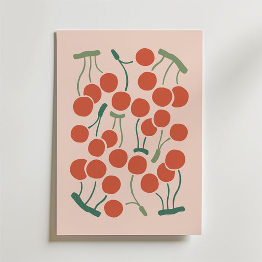 Cherry Rhythm Poster från Bozetto visar ett lekfullt, abstrakt kluster av röda körsbär med gröna stjälkar på en ljusrosa bakgrund, vilket ger en livlig, somrig känsla.