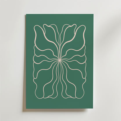 Inner Current Poster av Bozetto visar minimalistiska, organiska former med flödande vita linjer som liknar kronblad eller vingar, som strålar ut över en mörkgrön bakgrund.