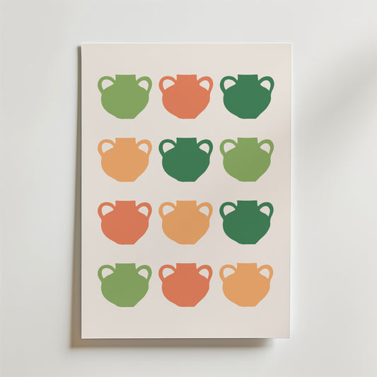 Bozetto Retro Tea Cup Grid Poster har ett minimalistiskt 3x4 rutnät av stiliserade tekoppar i mjuka gröna, orange och persikofärgade toner på en vit bakgrund, vilket ger retroinspirerad charm till ditt rum.