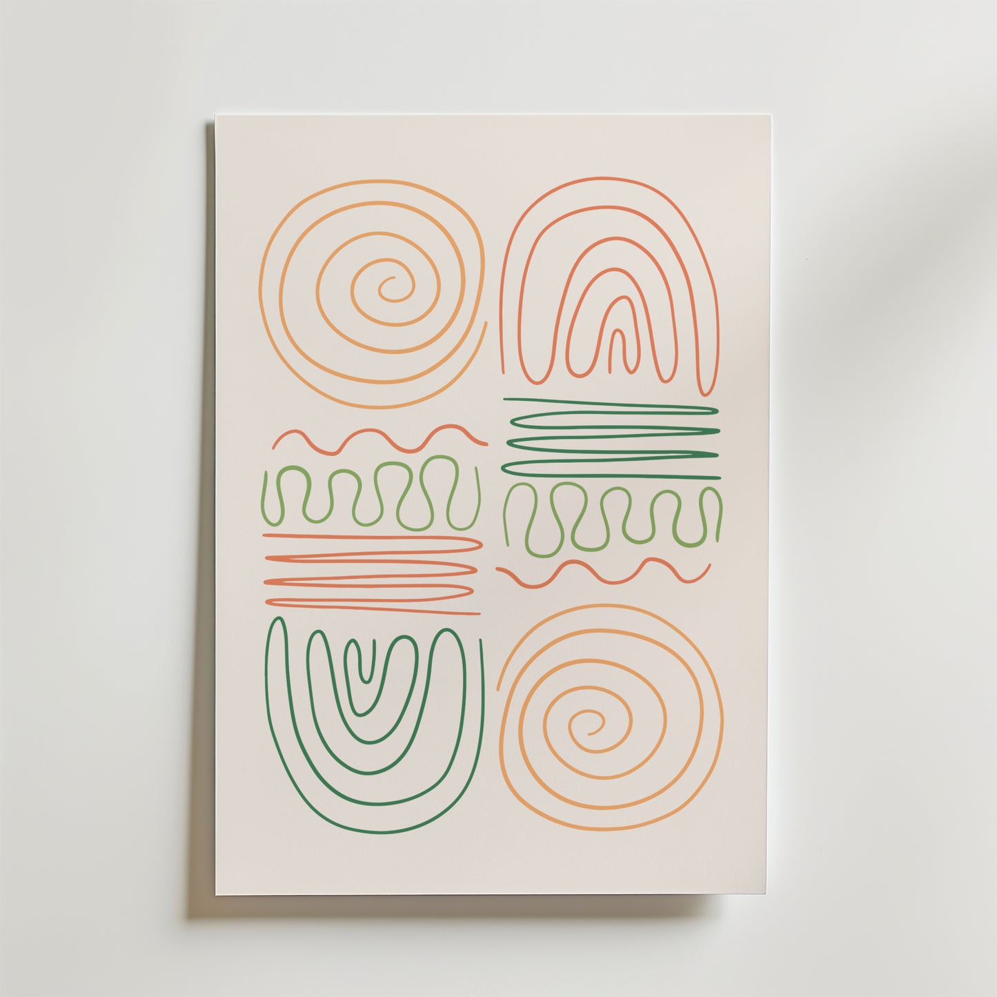 Bozetto Abstract Pastel Shapes Poster visar sex orange och gröna abstrakta former - spiraler, bågar och vågiga linjer - i ett 2x3 rutnät på en ren vit bakgrund, perfekt för moderna hem.