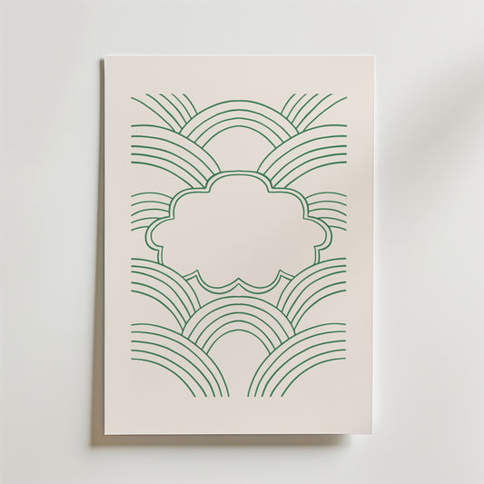 Green Cloud Harmony Poster från Bozetto har ett centralt moln med flera gröna linjer som regnbågar på en krämfärgad bakgrund, vilket ger en minimalistisk och lugn design.