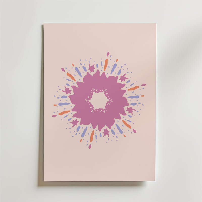 Pink Paintburst Energy Poster by Bozetto har en rosa bakgrund med ett abstrakt, symmetriskt blomstermotiv i rosa och lila, accentuerat av färgstänk och droppformer-perfekt som energigivande konst.