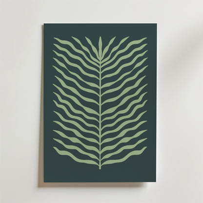 Bozetto Green Leaf Flow Poster har en minimalistisk, stiliserad grön ormbunke med vågiga blad på en mörkgrön bakgrund som ger en modern grafisk stil och naturlig balans till din vita vägg.