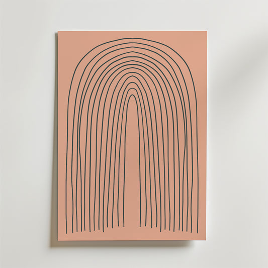 Terracotta Arches Poster by Bozetto har ojämna svarta båglinjer på en rosa bakgrund och ger en modern touch till din inredning när den visas på en vit vägg.