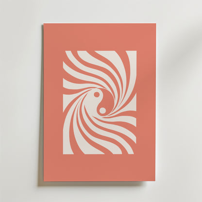 Peach Spiral Flow Poster från Bozetto har korallfärgade och vita spirallinjer i en yin-yang-inspirerad abstrakt design, med persikotoner kurvor mot en mjuk korallfärgad bakgrund - perfekt som elegant grafisk konst.