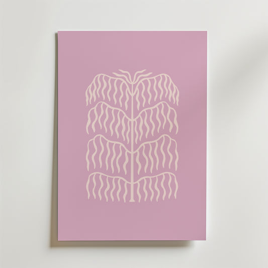 Lilac Botanical Form Poster från Bozetto visar en minimalistisk, abstrakt växtdesign i vita linjer på en ljusrosa bakgrund, perfekt för att ge modern, harmonisk inredning till alla rum.