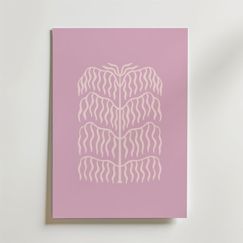 Lilac Botanical Form Poster från Bozetto visar en minimalistisk, abstrakt växtdesign i vita linjer på en ljusrosa bakgrund, perfekt för att ge modern, harmonisk inredning till alla rum.