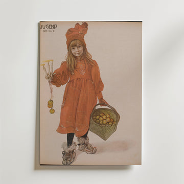 Bozetto Carl Larsson Brita as Iduna Poster visar en ung flicka i orange klänning och hatt med en korg äpplen och en leksakspinne, inspirerad av nordisk konst. "JUGEND 1905 No. 6" står det i övre vänstra hörnet.