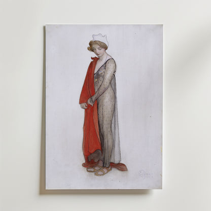 Carl Larsson Rouge et noir Thielska Poster by Bozetto har en inramad teckning i nordisk stil av en kvinna i skir klänning med röd sjal och vit mössa, händerna knäppta, mot en ljus bakgrund.