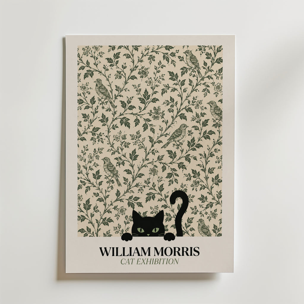 Cat Among the Birds William Morris Poster – svart katt kikar nyfiket fram ur William Morris fågelmönster