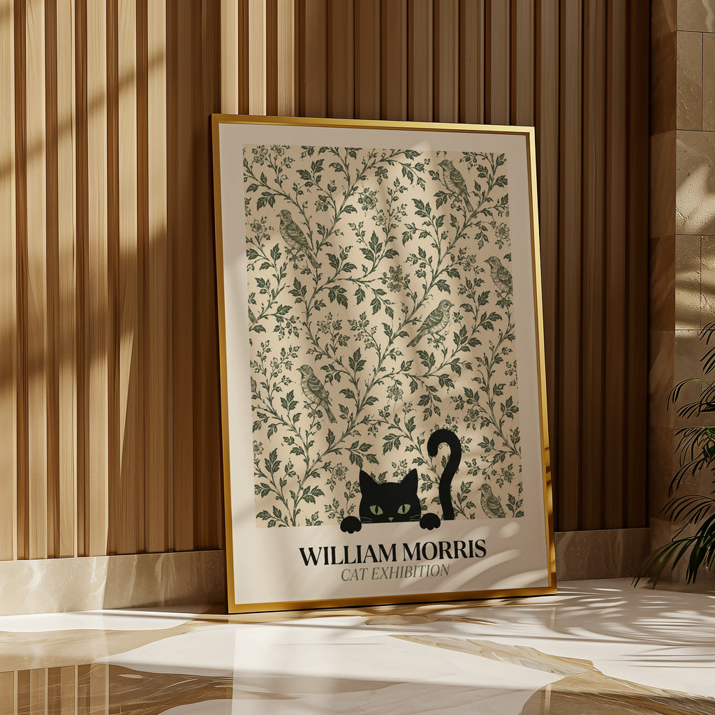 Cat Among the Birds William Morris Poster – svart katt kikar nyfiket fram ur William Morris fågelmönster