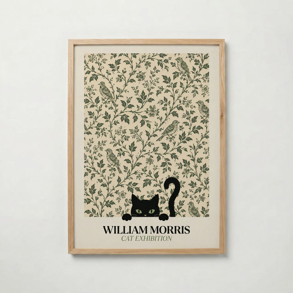 Cat Among the Birds William Morris Poster – svart katt kikar nyfiket fram ur William Morris fågelmönster