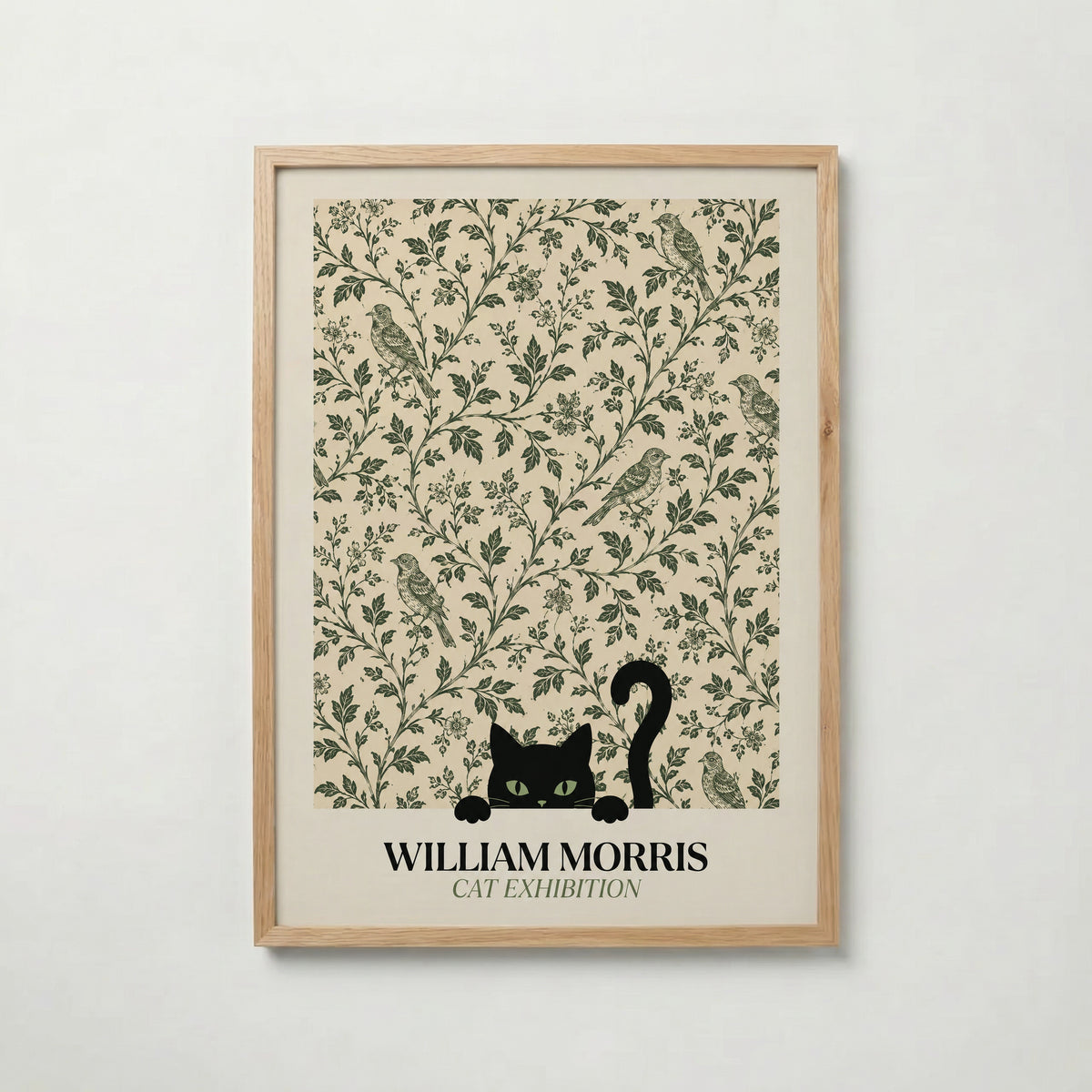 Cat Among the Birds William Morris Poster – svart katt kikar nyfiket fram ur William Morris fågelmönster