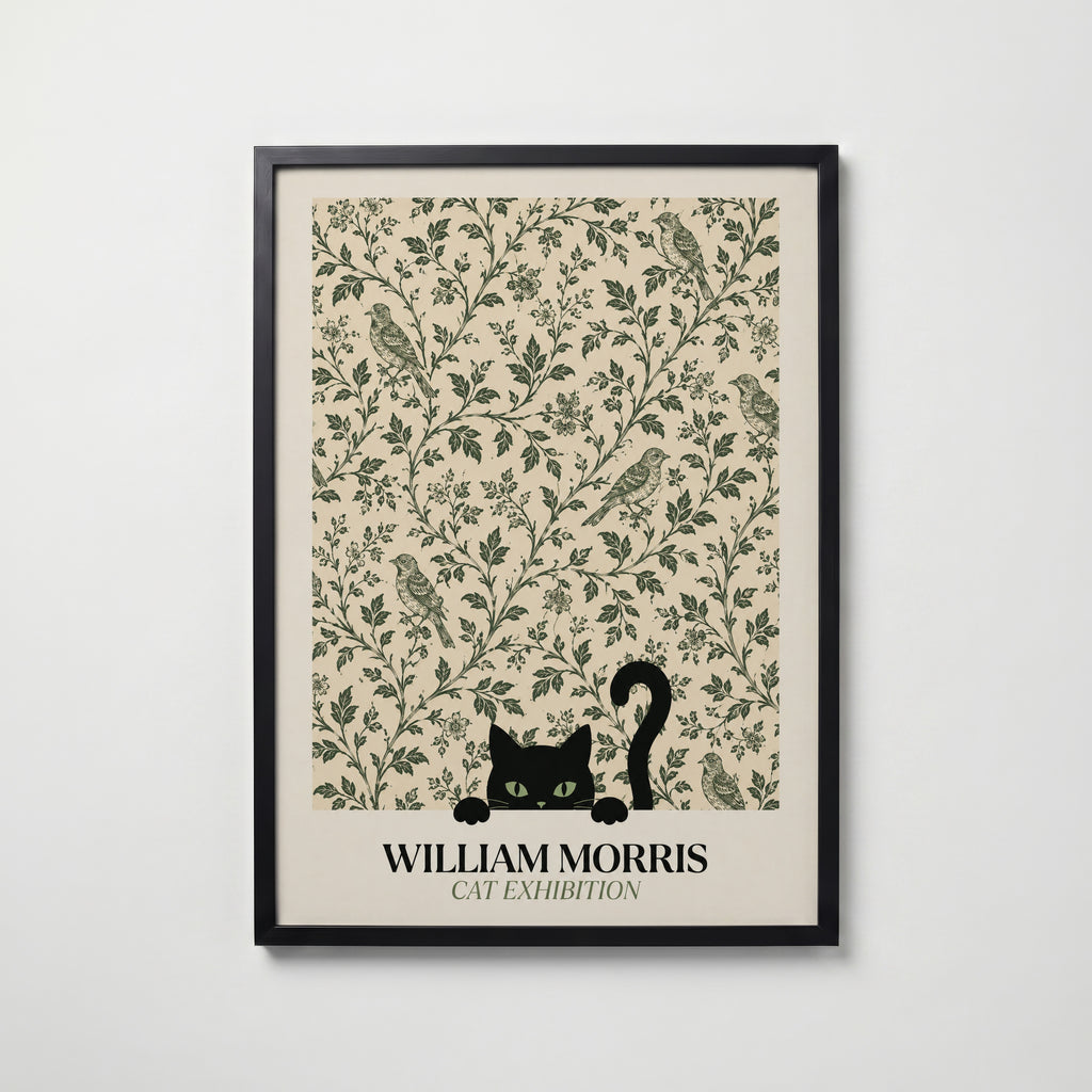 Cat Among the Birds William Morris Poster – svart katt kikar nyfiket fram ur William Morris fågelmönster