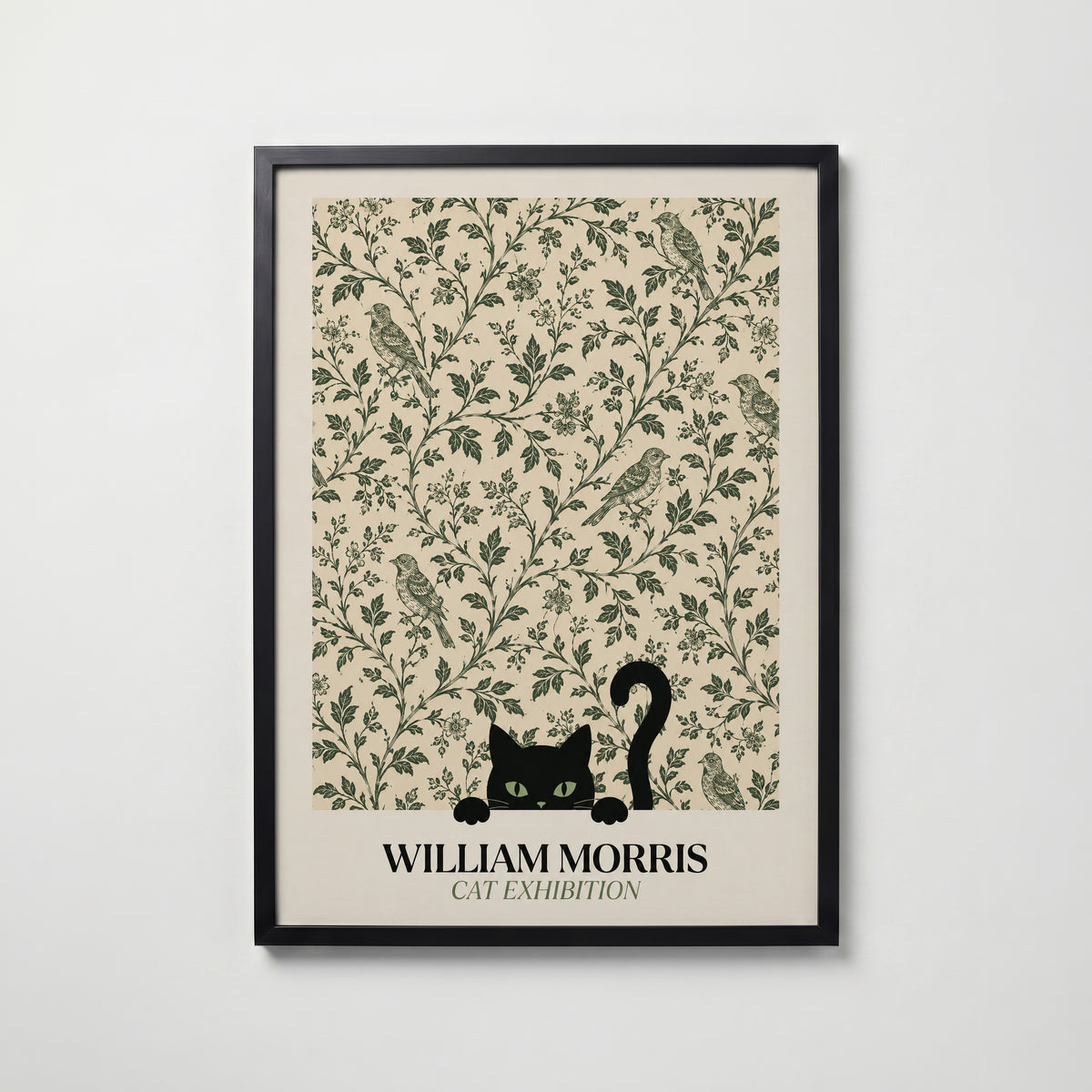 Cat Among the Birds William Morris Poster – svart katt kikar nyfiket fram ur William Morris fågelmönster