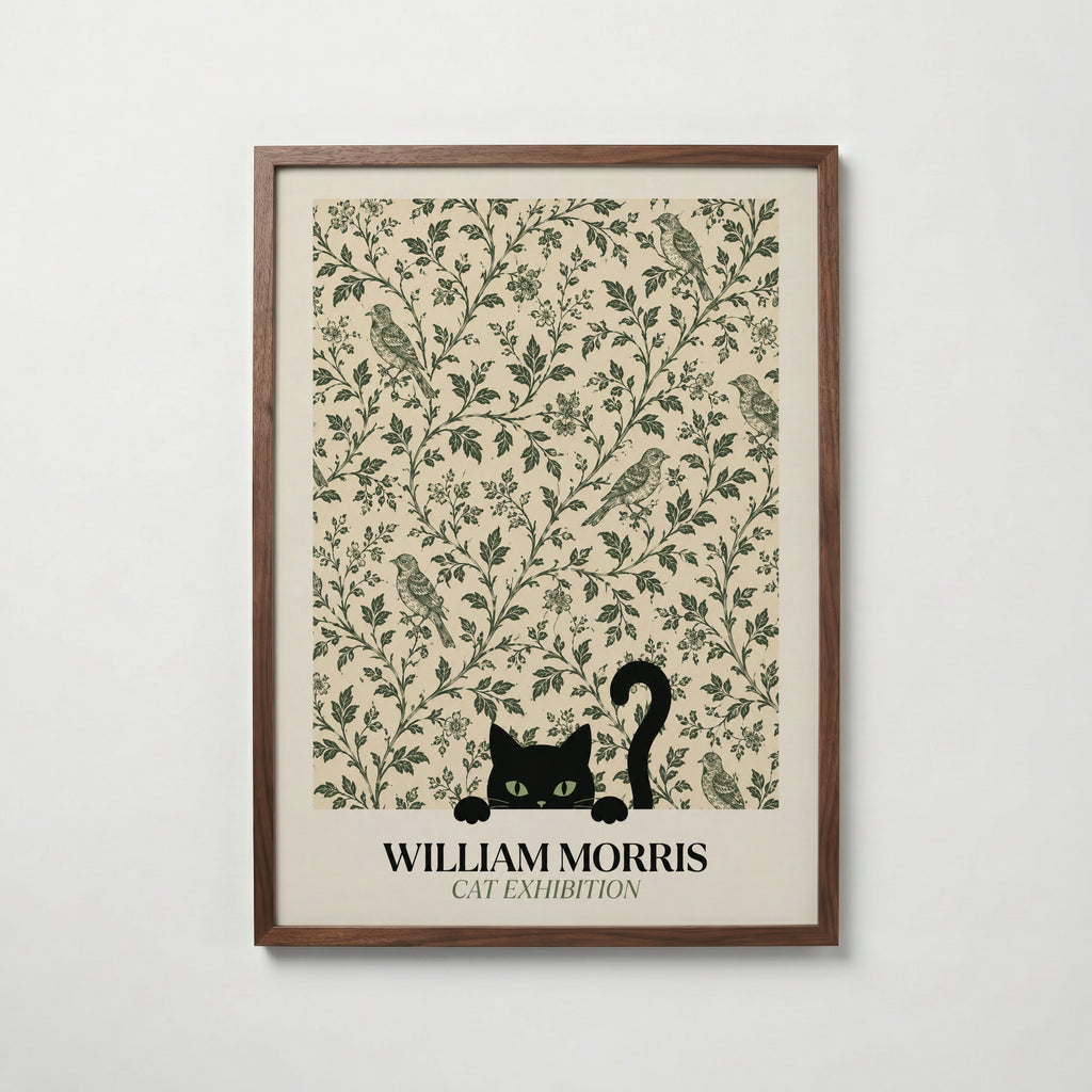 Cat Among the Birds William Morris Poster – svart katt kikar nyfiket fram ur William Morris fågelmönster