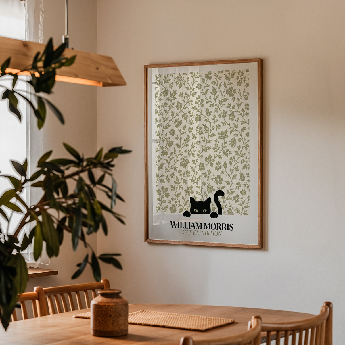 Cat in the Bramble William Morris Poster – svart katt bland William Morris björnbärsmönster i salviagrön