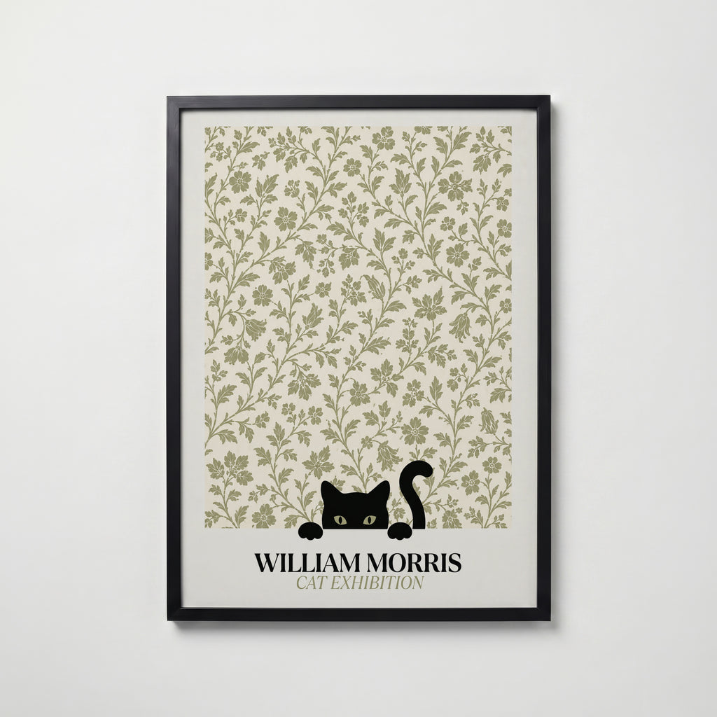 Cat in the Bramble William Morris Poster – svart katt bland William Morris björnbärsmönster i salviagrön
