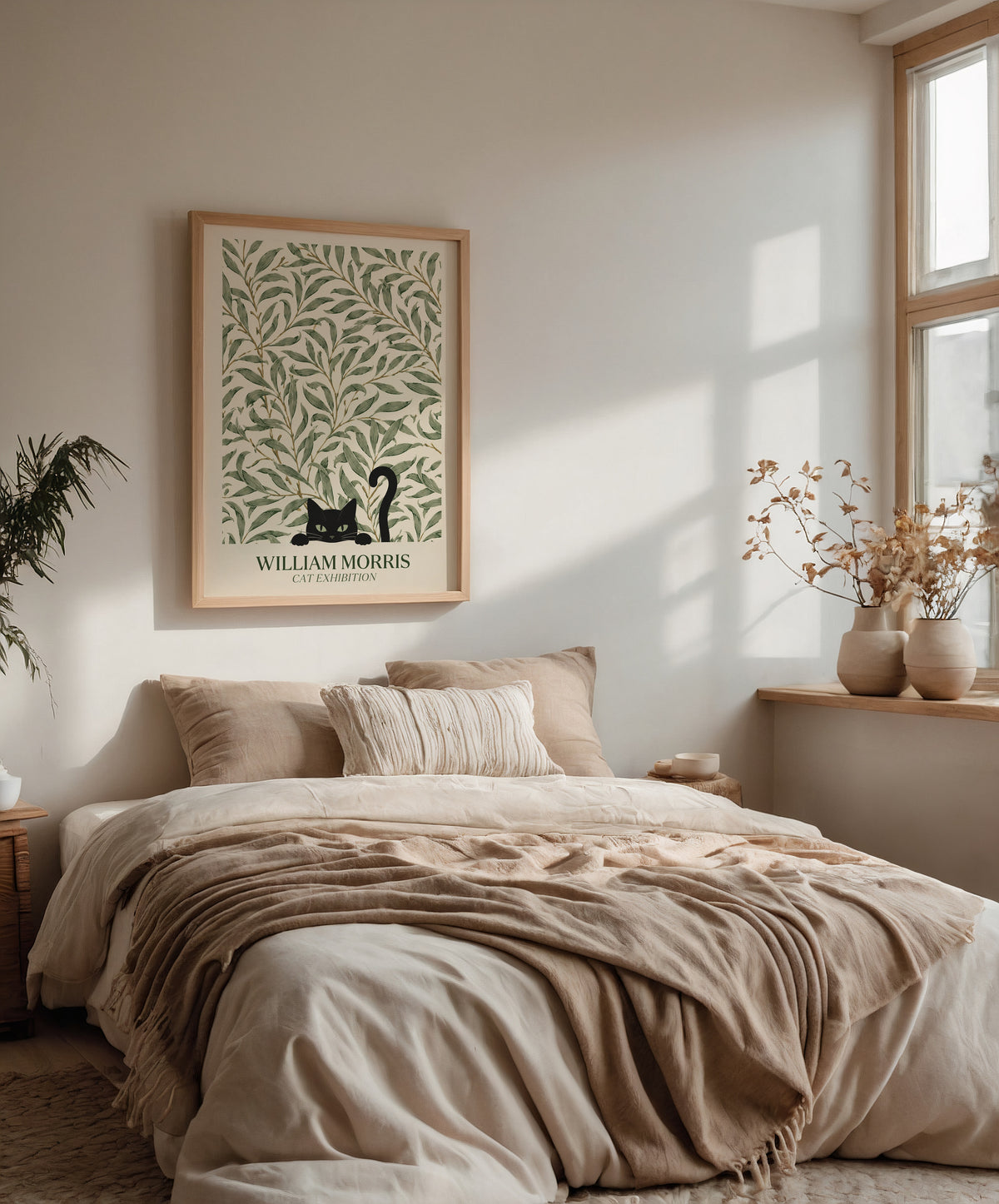 Cat in the Willow Bough William Morris Poster – svart katt i William Morris pilkvistmönster i kräm och grönt