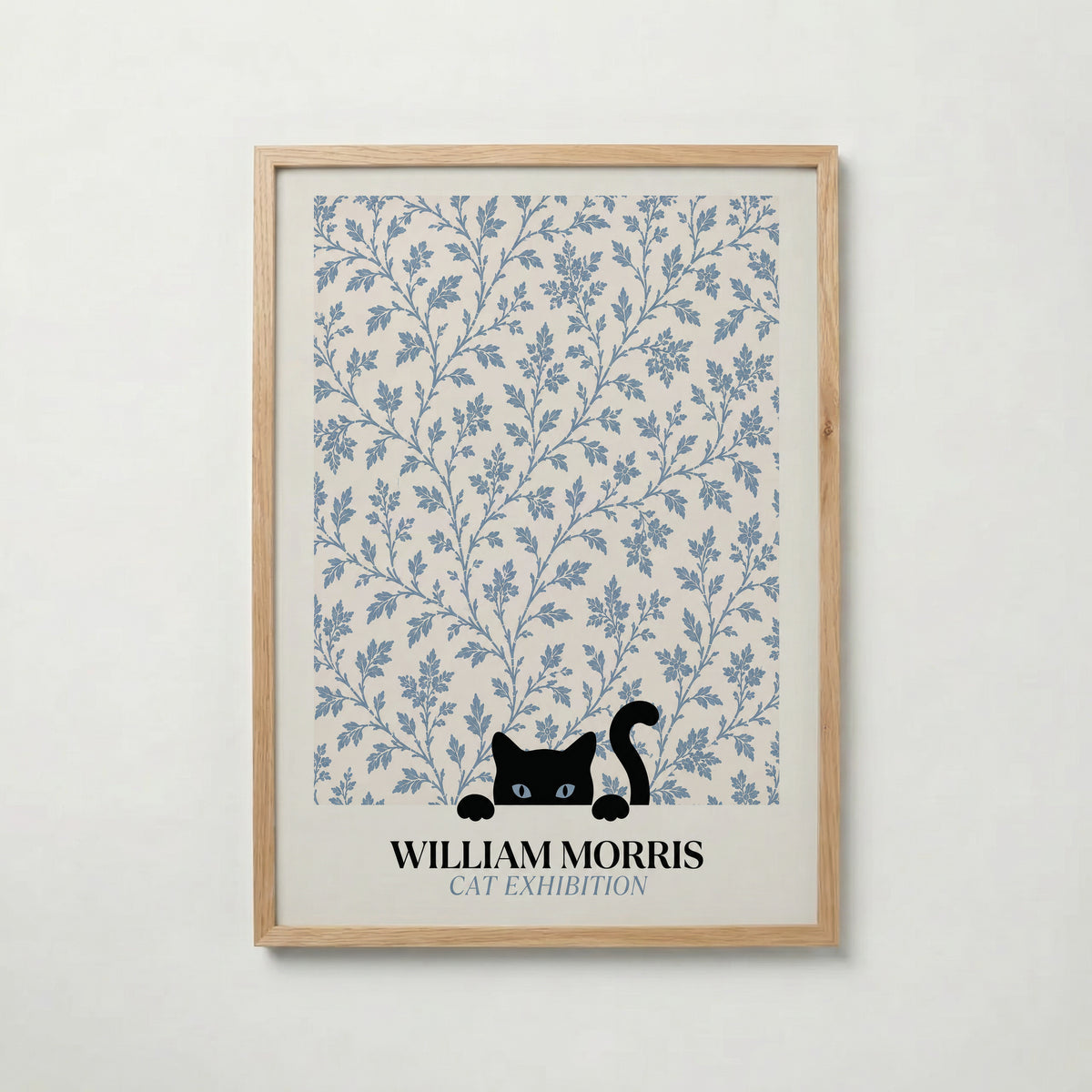 Cat in the Willow William Morris Poster – svart katt i William Morris minimalistiska pilmönster i blågrått