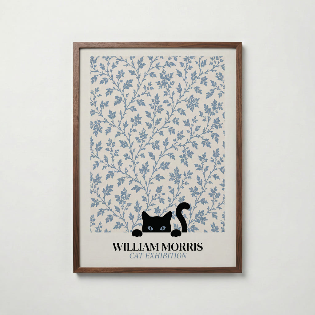 Cat in the Willow William Morris Poster – svart katt i William Morris minimalistiska pilmönster i blågrått