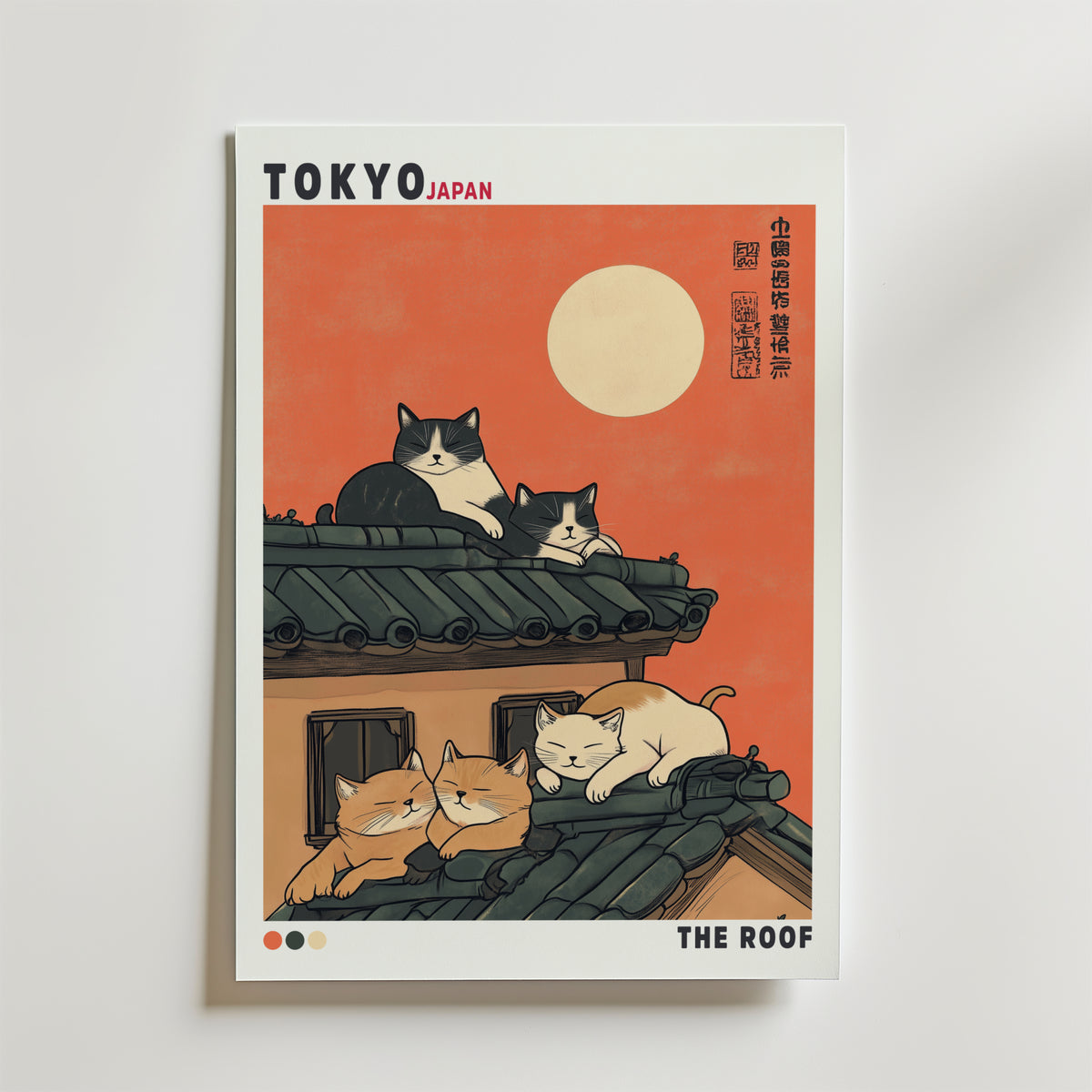 Tokyo Cat Roof – stilfullt konsttryck från Bozetto, tryckt på matt finpapper i hög tryckkvalitet