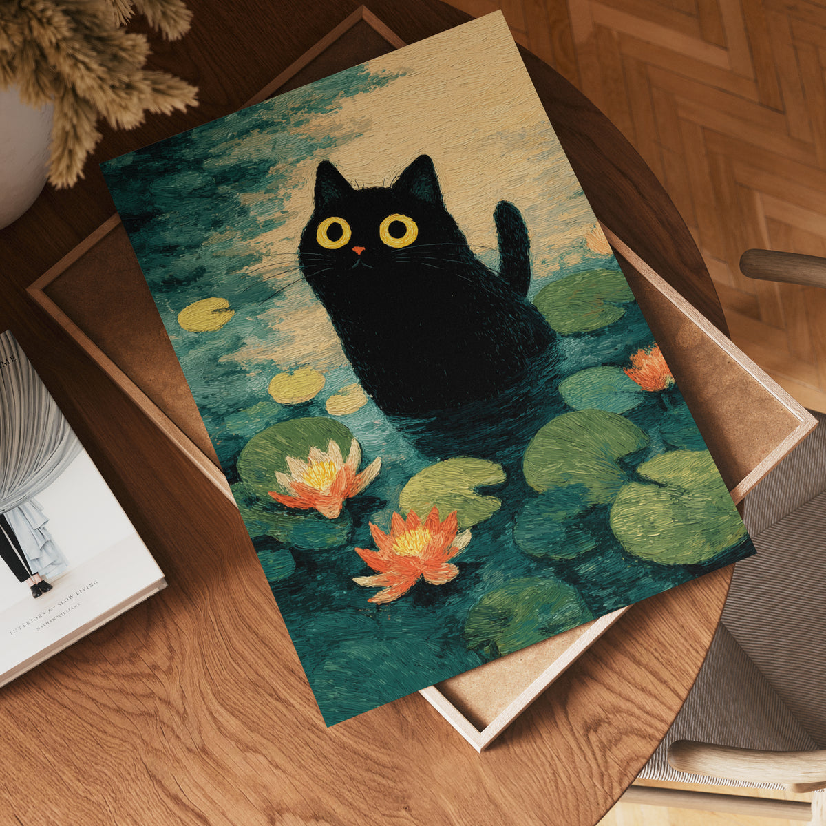 Lily Pond Cat – Bozetto poster i hög kvalitet, perfekt för varje rum i hemmet i hög tryckkvalitet