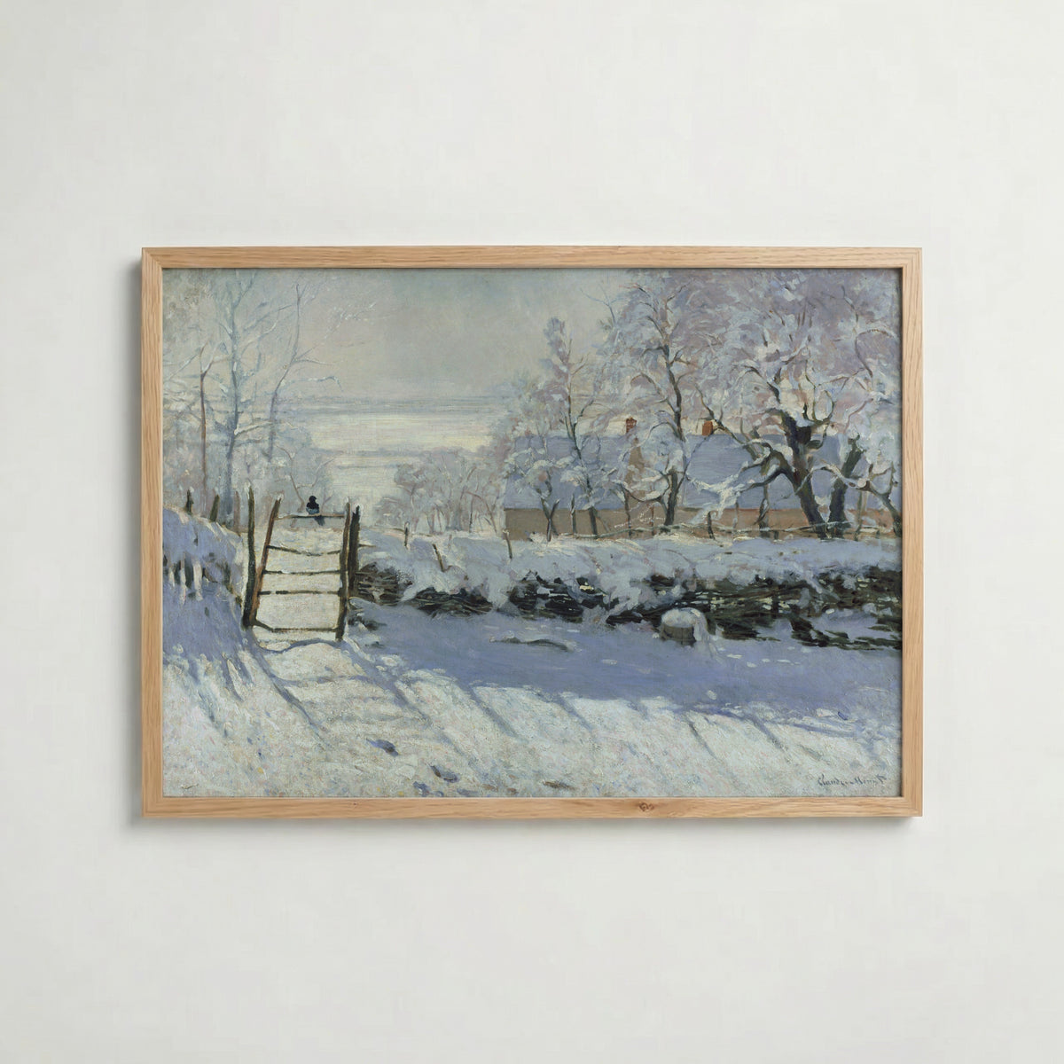 Claude Monet The Magpie affisch i ljus ekram med naturligt träutseende – Bozetto