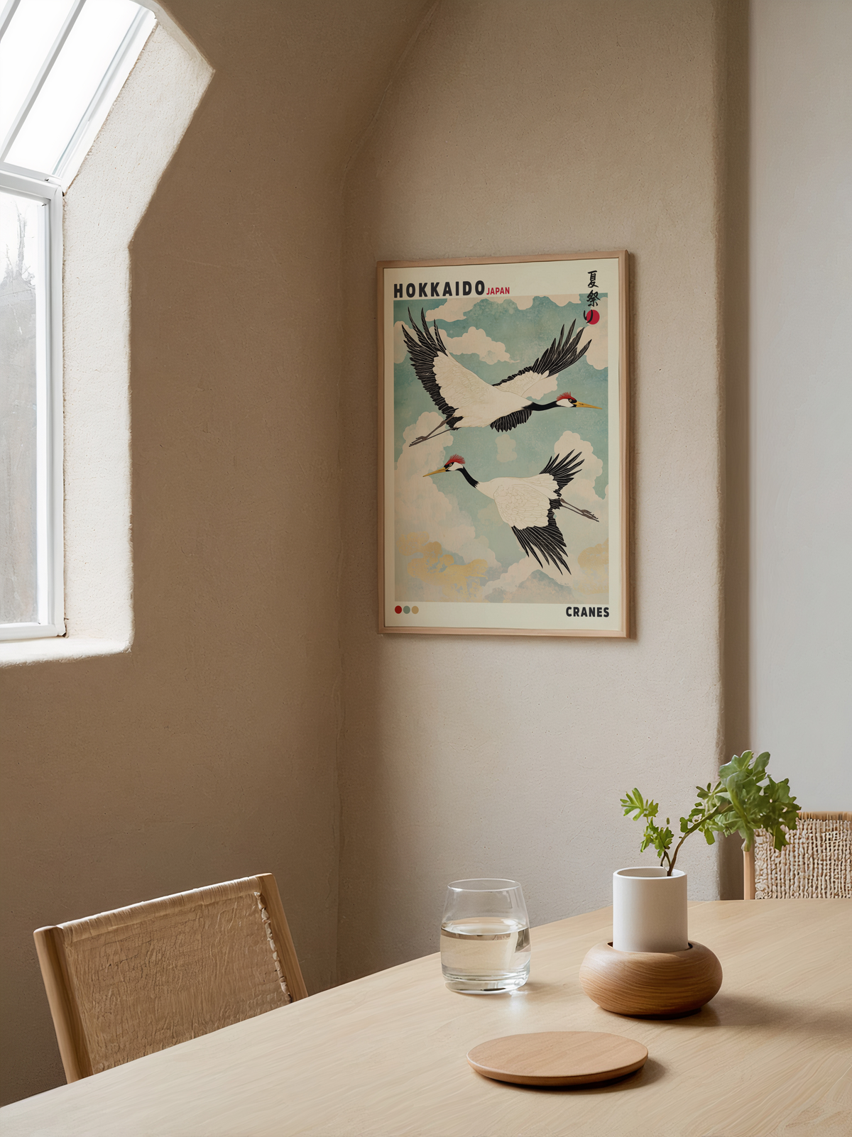 Mockup av Hokkaido Cranes affisch på vägg – köp enkelt hos Bozetto i hög kvalitet
